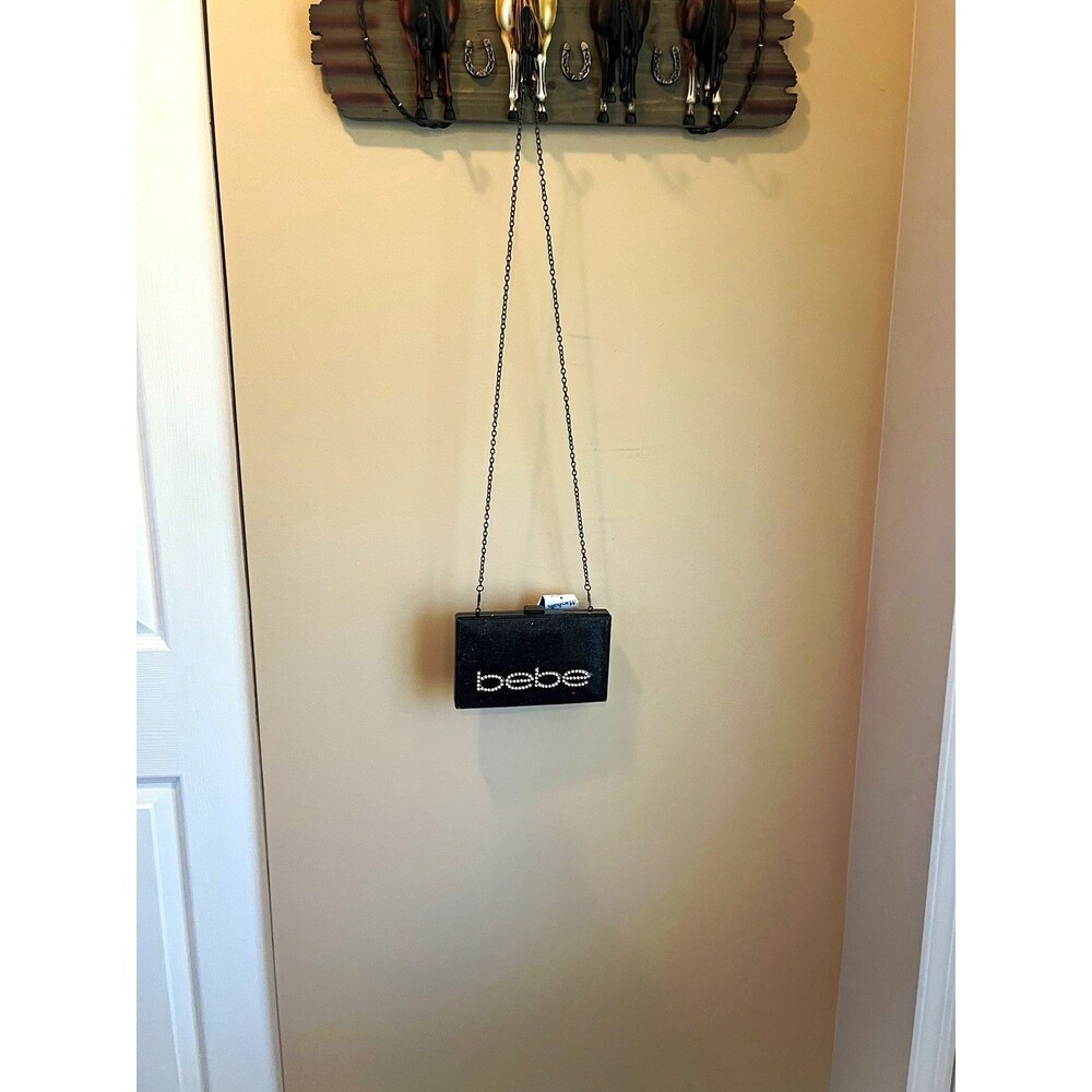 bebe Black Rhinestone Logo Mesh Clutch Chain Strap Silver Hardware Clasp